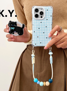 蓝结黑猫磁吸支架手机壳带挂绳适用于苹果17PRO华为mate60/70四角开孔小米15ultrau斜挎背带防摔FINDX8保护套