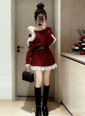 圣诞新年战袍红色针织连衣裙子女秋冬2025新款小个子收腰a字短裙