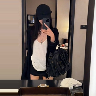 小外搭长袖 配吊带 上衣 外套女2025新款 韩系早秋穿搭黑色针织开衫