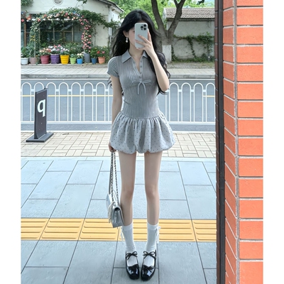 法式甜辣风POLO领波点连衣裙子夏2026新款灰色绝美减龄收腰蓬蓬裙