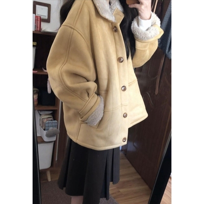 韩系黄色羊羔毛领厚外套女2025新款秋冬季保暖宽松小个子翻领夹克