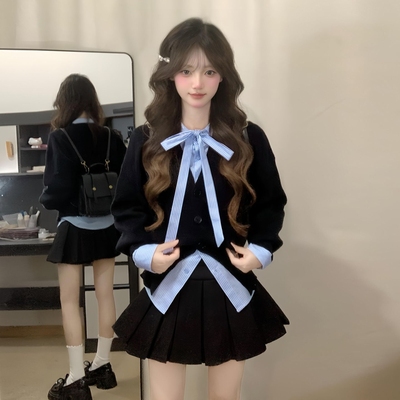 2025秋冬新款法式学院风黑色连衣裙子女季小个子穿搭一整套装短裙