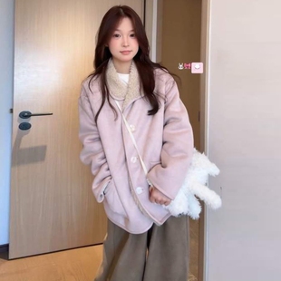 高级感韩系翻领粉色麂皮羊羔毛外套女秋冬季2025新款加厚夹克上衣