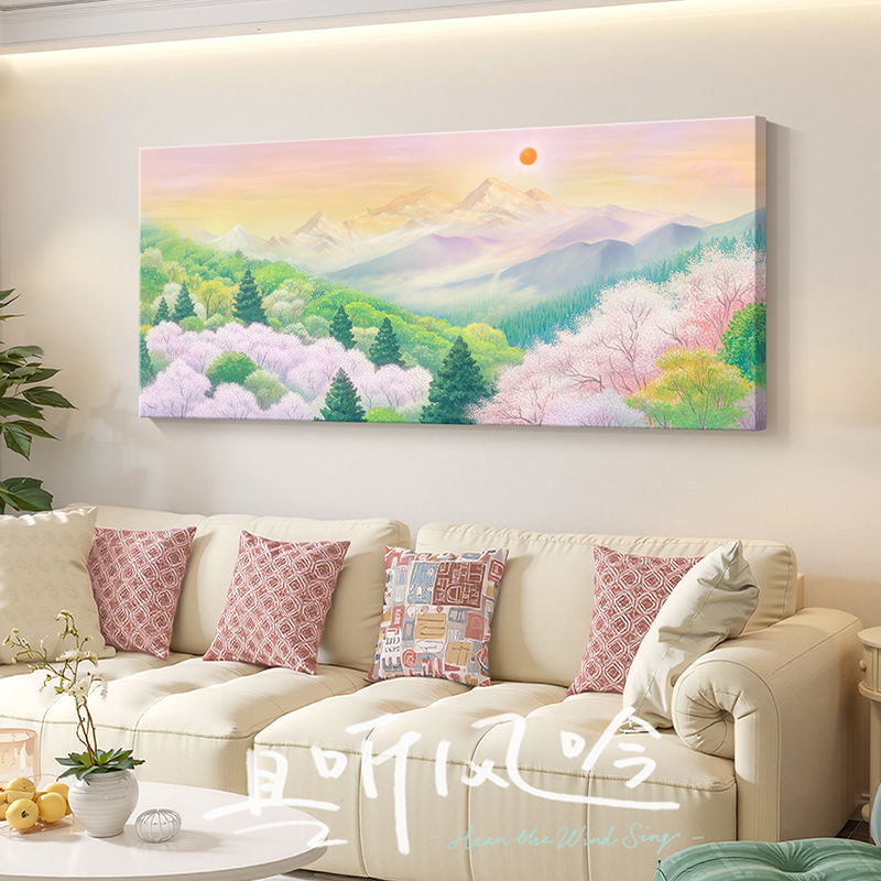 紫气东来客厅装饰画奶油风沙发背景墙金山挂画治愈系樱花风景壁画
