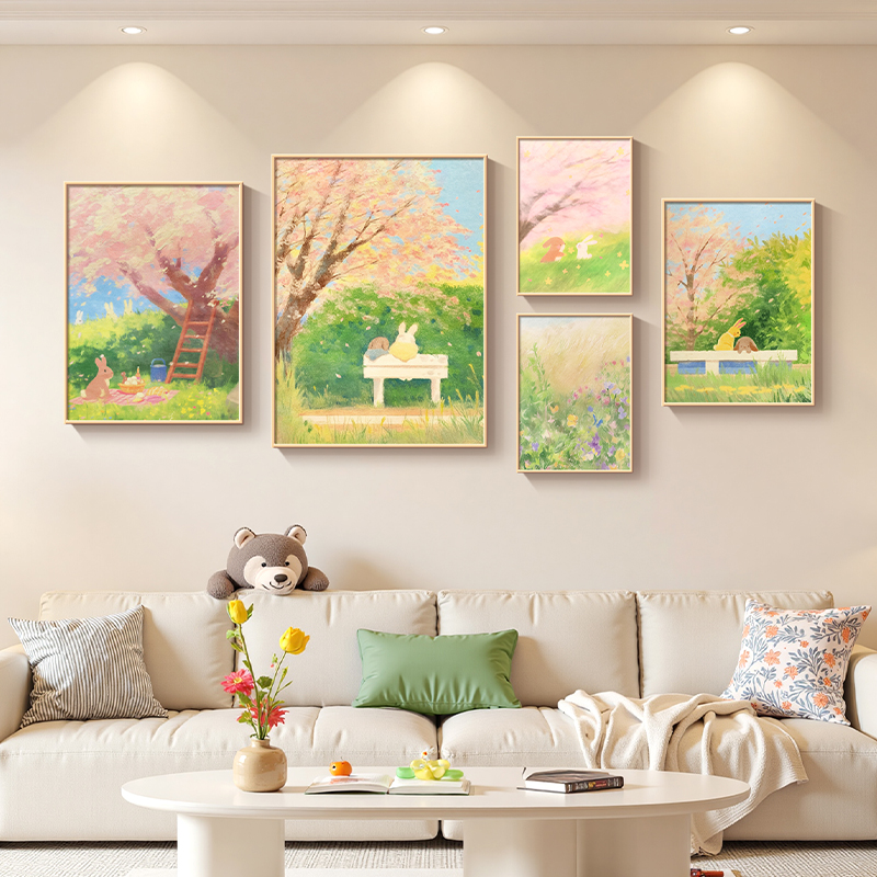 樱花风景治愈系沙发背景墙装饰画