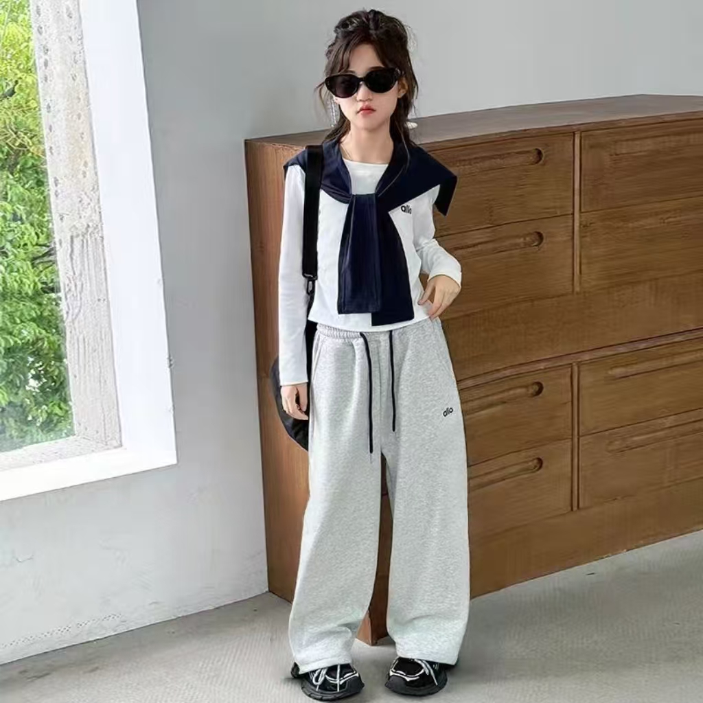 女童秋时尚学院风带披肩长袖上衣阔腿裤运动套装中大童酷飒三件套