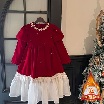 女童红色连衣裙冬季加绒拜年服