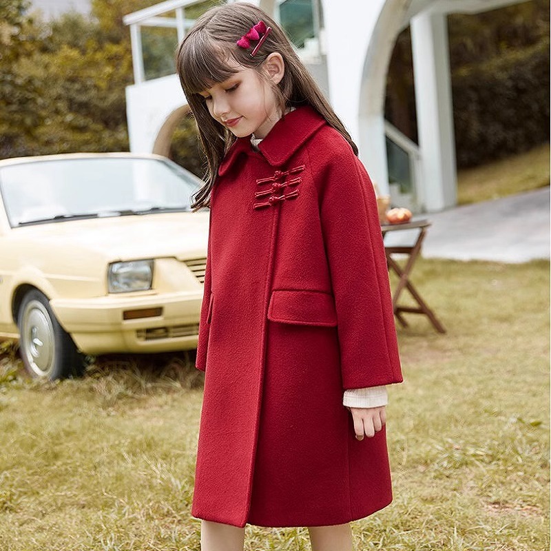 女童中长款中国风红色毛呢大衣儿童秋冬装洋