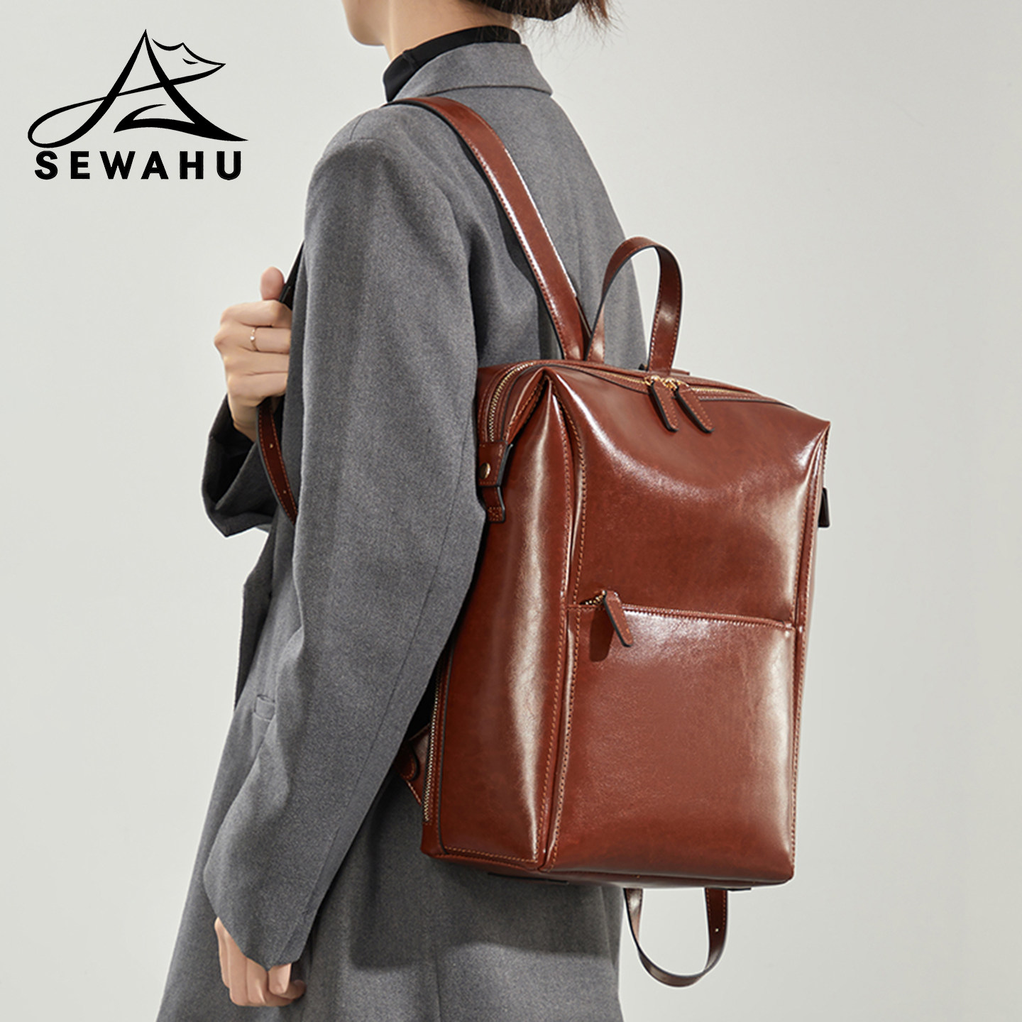 商务通勤油蜡皮质女士双肩包2025新款高级感设计复古女大容量背包