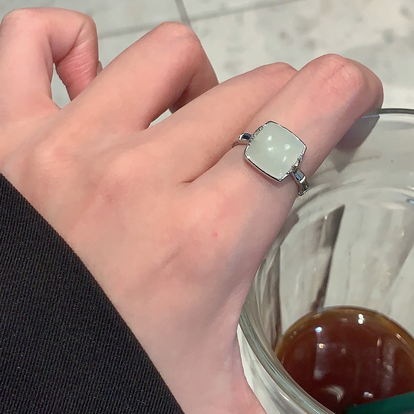 美汝仙 纯银方形和田玉竹节造型戒指女简约经典元素推拉设计指环