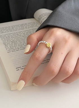 美汝仙 银珠笑脸戒指纯银韩国订单款手工弹力绳食指指环气质百搭