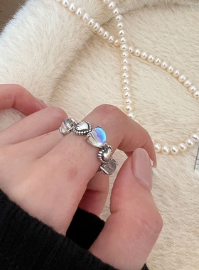 美汝仙 纯银爱心月光石戒指女简约复古做旧工艺时髦开口食指指环