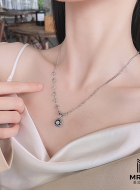美汝仙 s925纯银复古配件拼接黑锆石吊坠项链欧美甜酷风项饰女