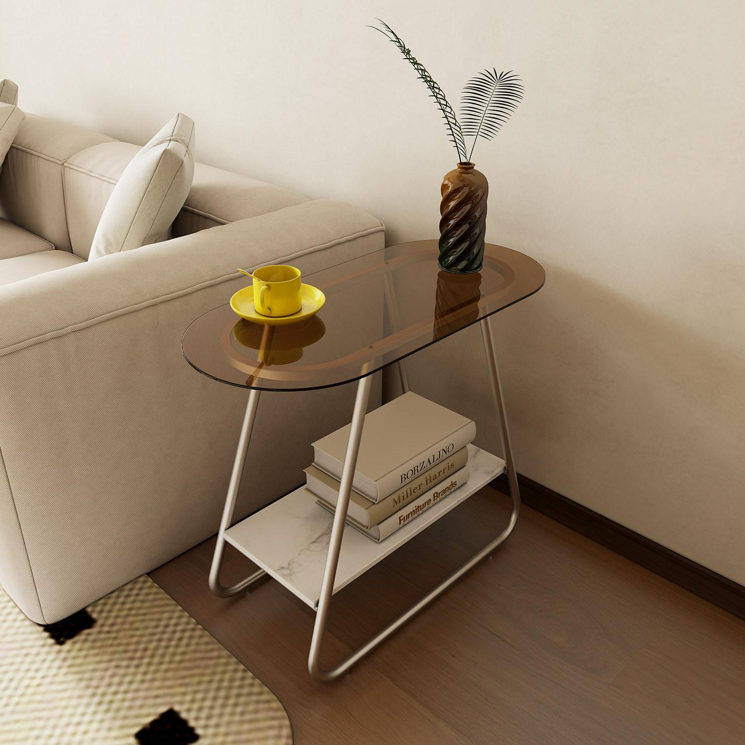 椭圆形简约中古钢化玻璃岩板边几