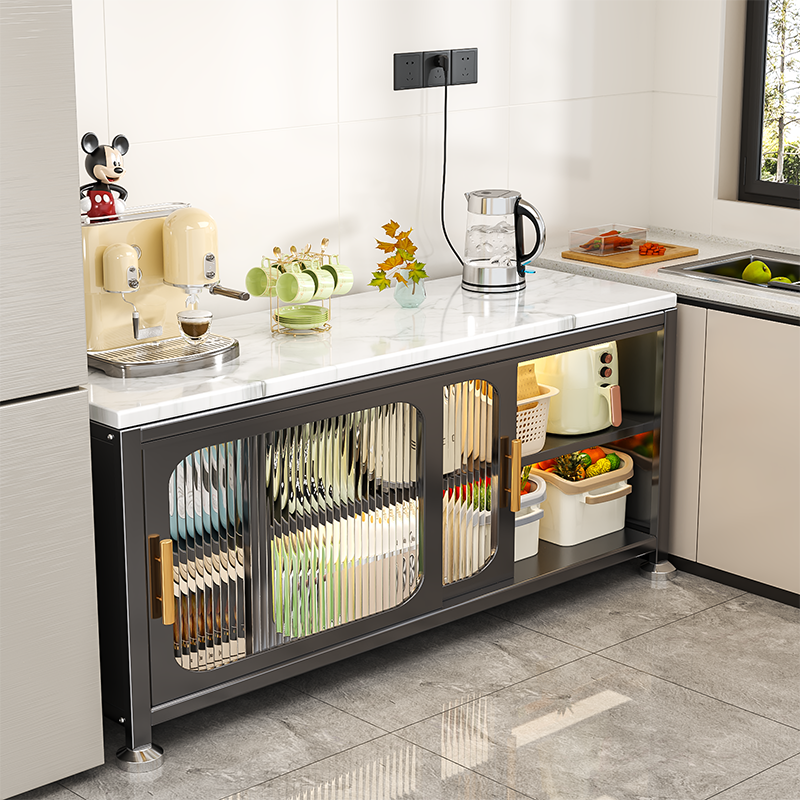 厨房多功能置物架推拉门储物柜厨具电器收纳柜多层落地置物收纳架