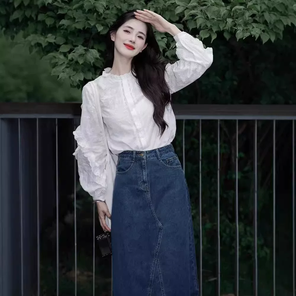 茵曼法式设计感荷叶袖立领衬衫女2025年春季新款重工绣花宽松上衣
