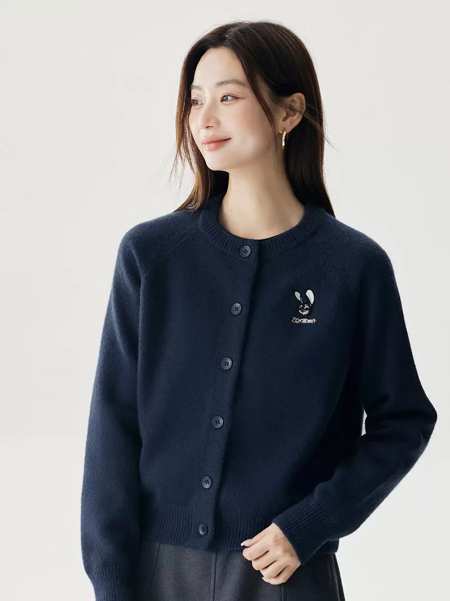 茵曼北极绒保暖复古开衫毛衣春秋款慵懒时尚兔子绣花针织衫