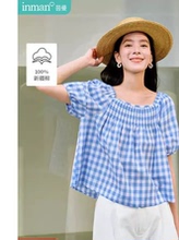 茵曼盐系甜美方领格子衬衫女2025年夏季新款收腰显瘦泡泡袖衬衣
