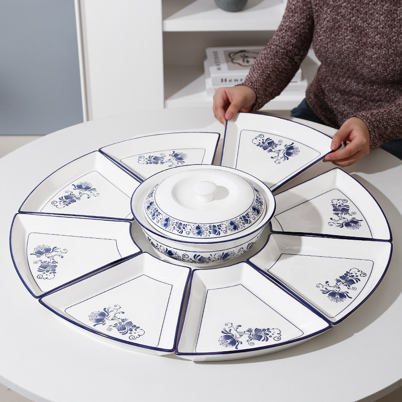青花瓷圆桌拼盘组合中式风格创意圆盘家用陶瓷餐具组