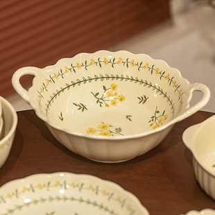 田园风吃饭碗汤碗双耳碗小清新米饭碗沙拉碗双耳陶瓷家用高颜值