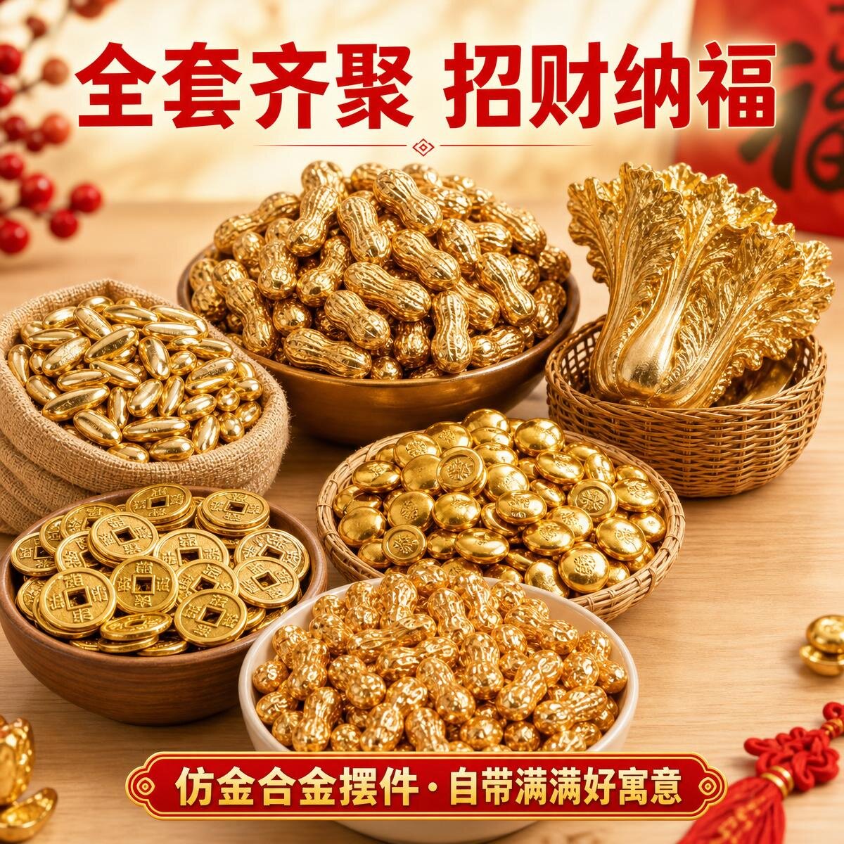 高品质仿金招财花生白菜金币金豆实心合金招财摆件桌面玄关装饰