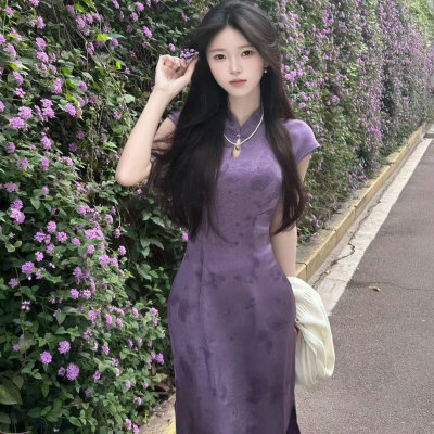 新中式国风紫色缎面改良旗袍女