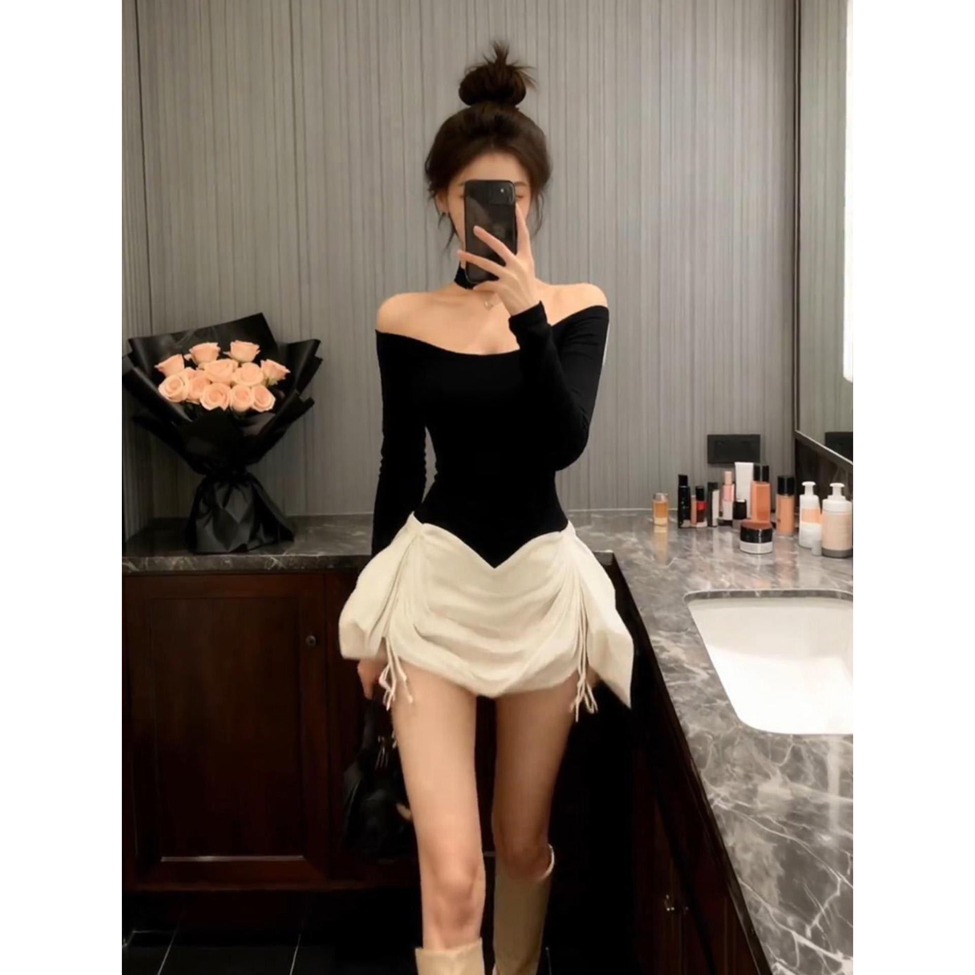 气质黑色一字肩连衣裙2025秋冬