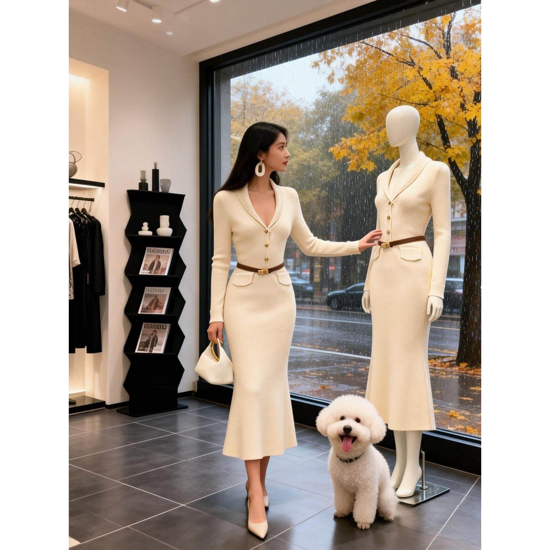 ｜高支莫代尔弹力针织｜翻V领金扣多色曲线美学修身鱼尾裙,女装/女士精品,大码连衣裙,淘宝优惠券,粉丝福利购,淘宝优惠卷