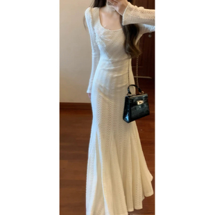 名媛御姐风加厚长袖蕾丝连衣裙性感紧身包臀鱼尾裙2025年深秋初冬