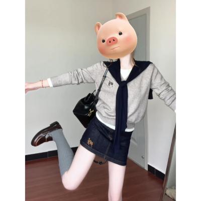 秋冬酷飒拽姐穿搭套装灰白披肩假两件卫衣外套垂感牛仔短裙两件套