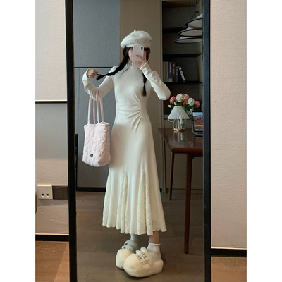 法式气质蕾丝拼接半高领连衣裙