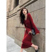 显瘦气质v领包臀打底毛衣长裙 新年战袍红色针织连衣裙女秋冬修身