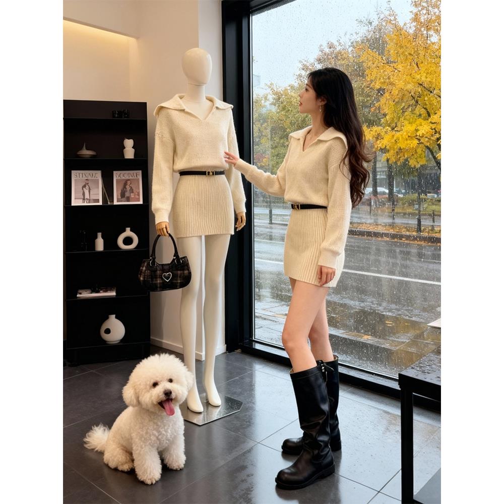 韩系翻领针织连衣裙女2025秋冬