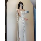 法式 高级感醋酸缎面吊带连衣裙御姐气质名媛收腰宴会礼服裙女夏季