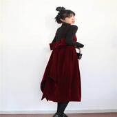 法式 丝绒红色连衣裙女秋冬新款 收腰内搭吊带裙子复古蝴蝶结a字裙