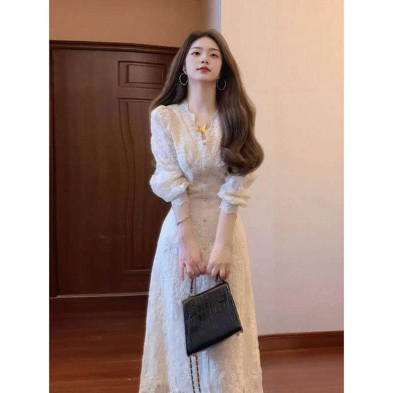 高级感巨好看早春白色掐腰连衣裙2026新款韩系温柔风气质蕾丝长裙