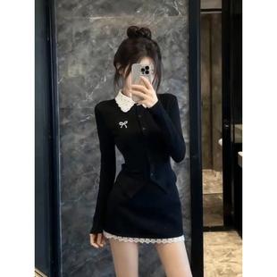 小香风娃娃领针织衫 女秋冬设计感蕾丝边上衣短裙两件套 半身裙套装