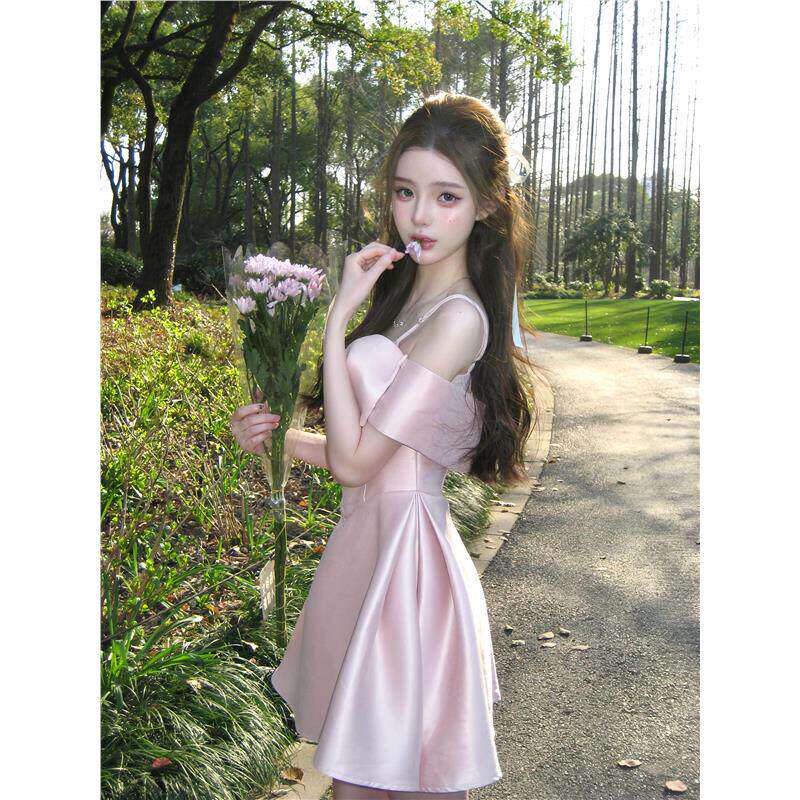 抹胸连衣裙女高级感一字肩礼服法式party小礼裙重工鱼骨生日裙子