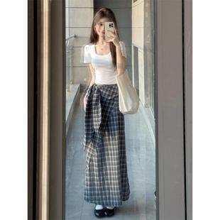不规则设计感小众高腰显瘦A字裙子 韩系复古格纹绑带半身裙女夏季