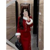 巨好看复古红色毛毛领外套半身裙两件套2025年冬季 新中式 国风套装