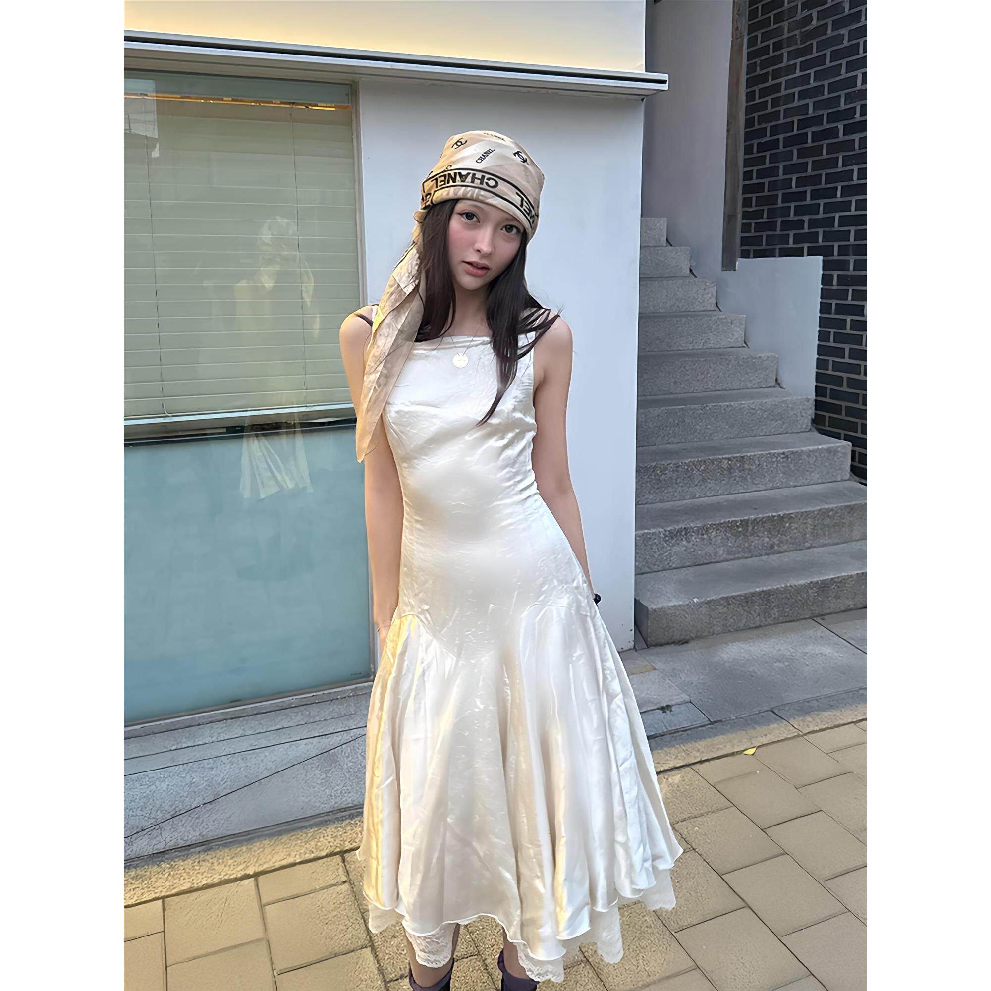 现货 流光香槟酸醋酸绑带蕾丝连衣裙设计春夏气质中长裙高级飘逸