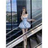 蓝色连衣裙女高级感重工法式 party轻礼裙收腰一字肩公主生日裙子