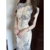 改良旗袍2026新款 连衣裙复古青花瓷印花国风气质包臀裙 高端新中式