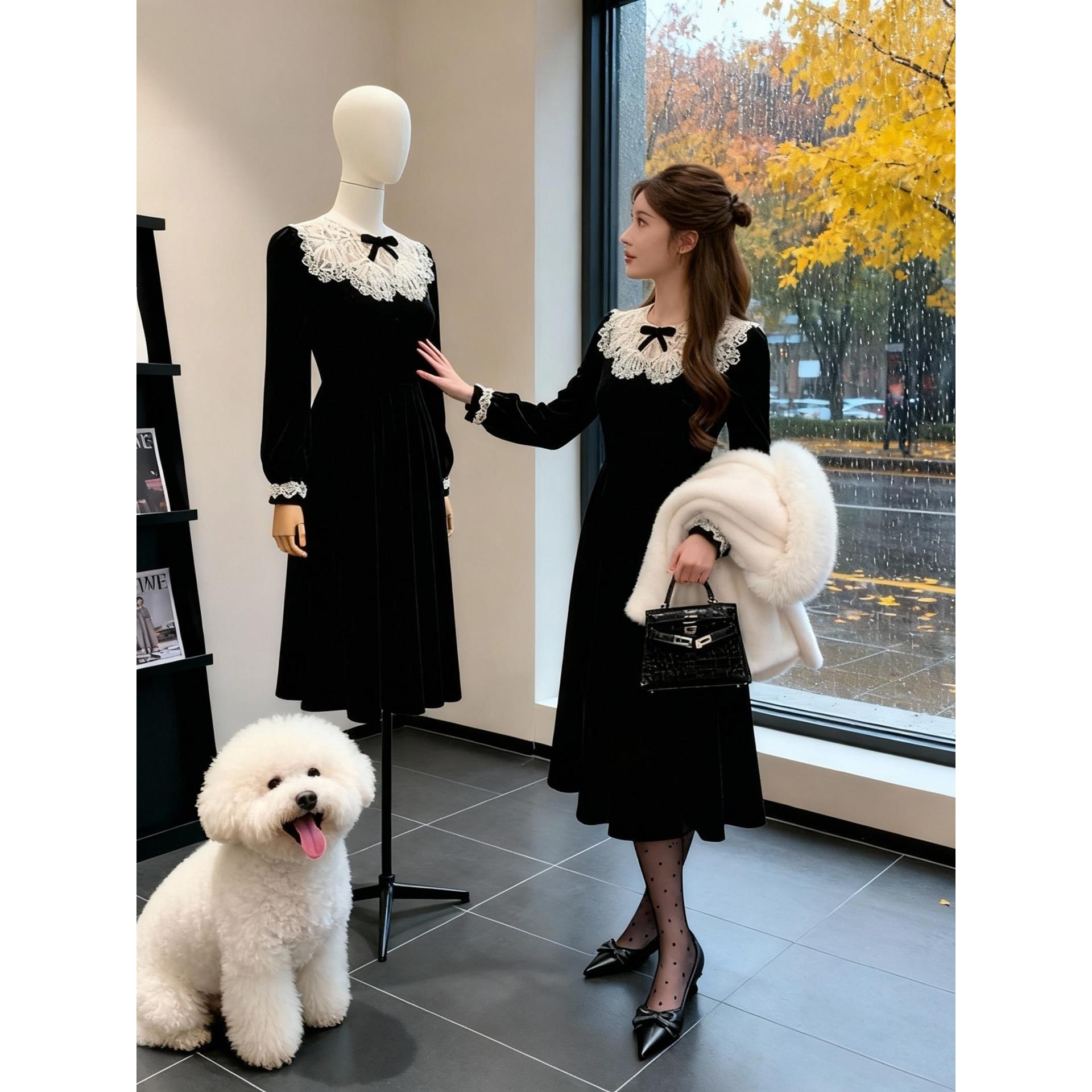秋冬赫本风蕾丝撞色小黑连衣裙