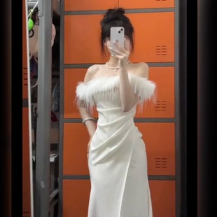 气质高级感一字肩小礼裙女收腰显瘦连衣裙秋礼服高端轻奢性感名媛