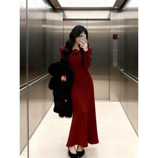 早秋冬流行穿搭法式复古红色针织连衣裙过年战袍高级感内搭长裙子