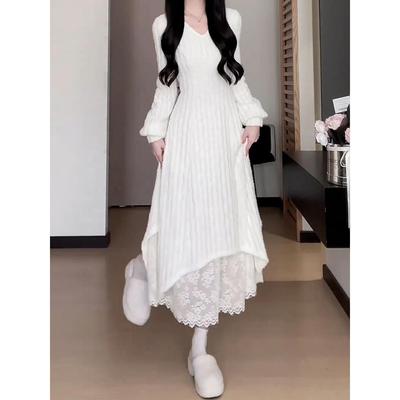 高级感气质假两件白色针织连衣裙
