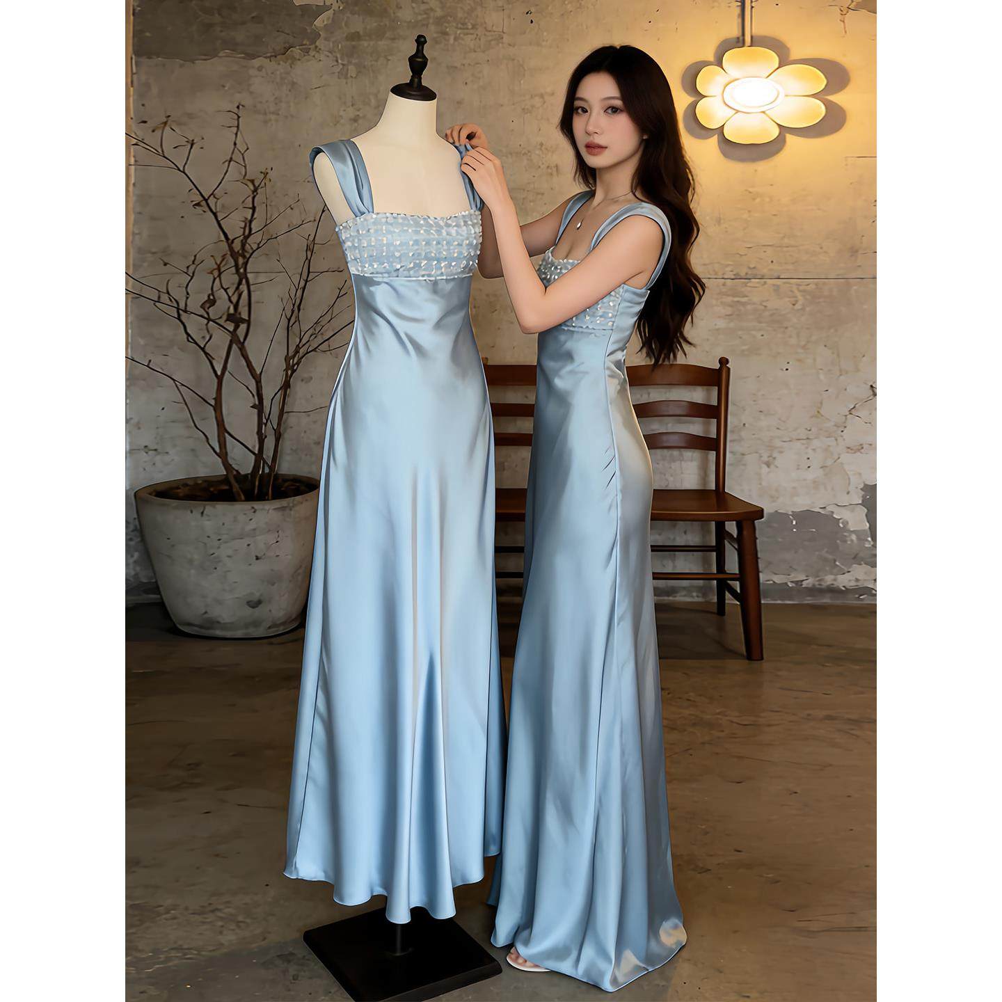 法式重工珠片醋酸吊带连衣裙女收腰显瘦流光缎面轻奢感宴会礼服裙