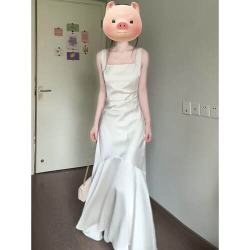 法式白色缎面吊带鱼尾宴会礼服