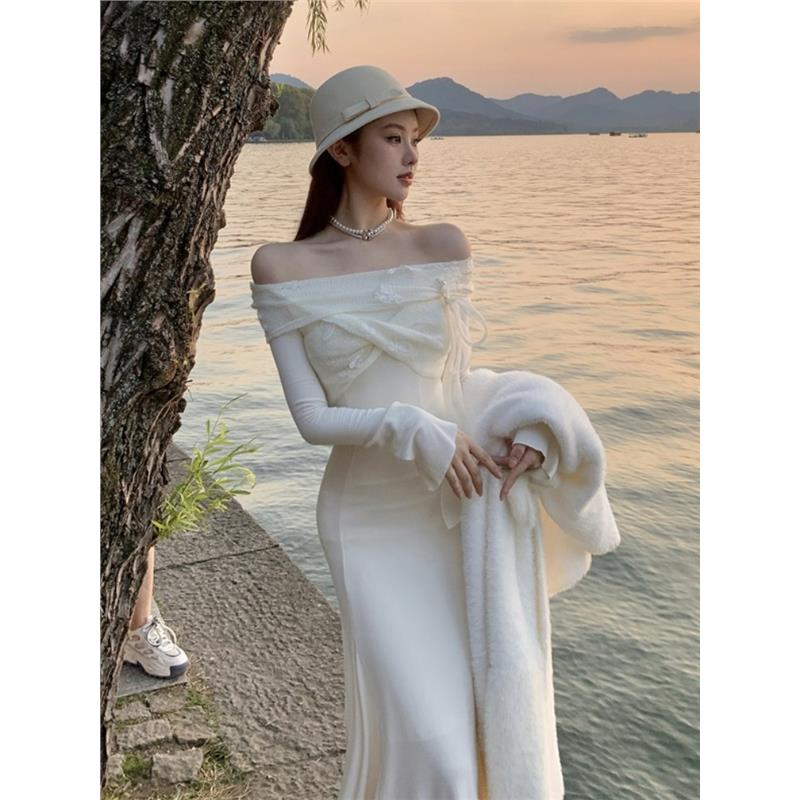 气质法式一字肩连衣裙仙女